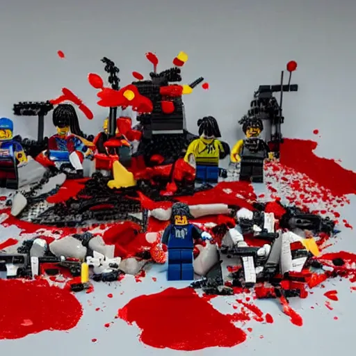 Image similar to photo of a lego set splattered with blood, shiny dark red blood splatter, dismembered lego minifigures