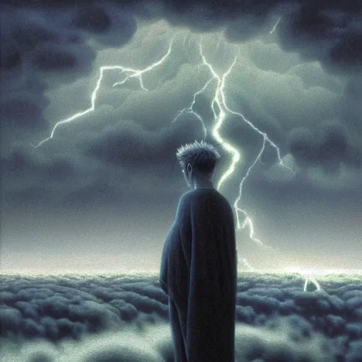 Image similar to killua zoldyck made by zdzisław beksinski, thunderstorm, 8 k, detailed, cinematic, rain, crying, black