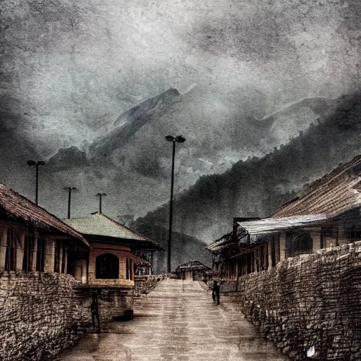 Image similar to nepal, gloomy, dystopian, digital art