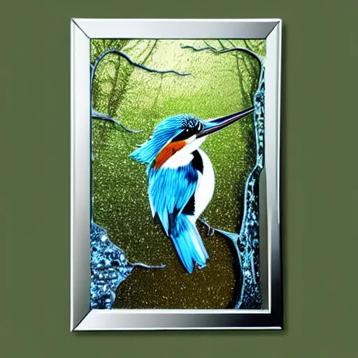 Image similar to wall art of a real life kingfisher made out of reflective crystal and very reflective polished metal, in the background is a forest, product photography