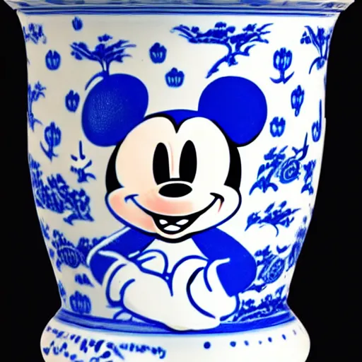 Image similar to a delft blue vase with a happy mickey mouse depicted on it ; extremely detailed ; trending on artstation