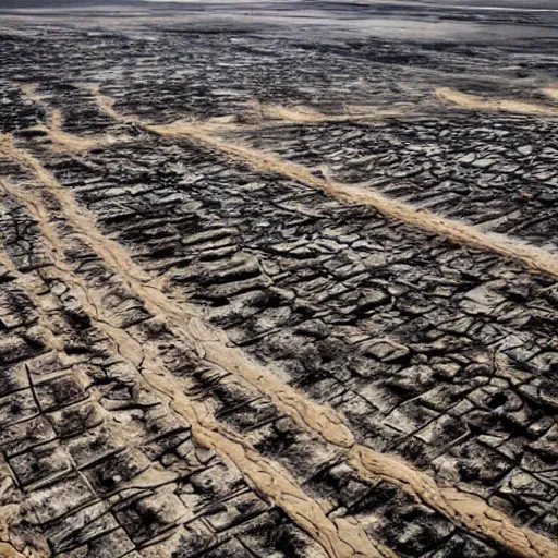 Image similar to apocalyptic beachside city, dried up oceans, desert everywhere, buildings covered in black tar