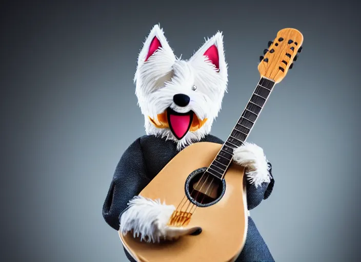 Image similar to photo still of an anthropomorphic westie!!!!!!! shredding a guitar on stage, 8 k, 8 5 mm f 1. 8, studio lighting, rim light, right side key light