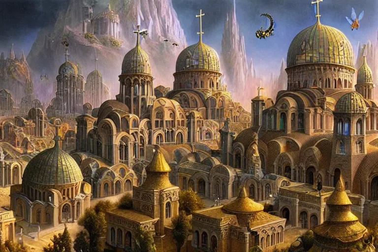 Prompt: a beautiful stunning insanely detailed fantasy matte painting of a byzantine cathedral city buzzing with activity and magical creatures by Heironymous Bosch and Jim Burns and James Gurney