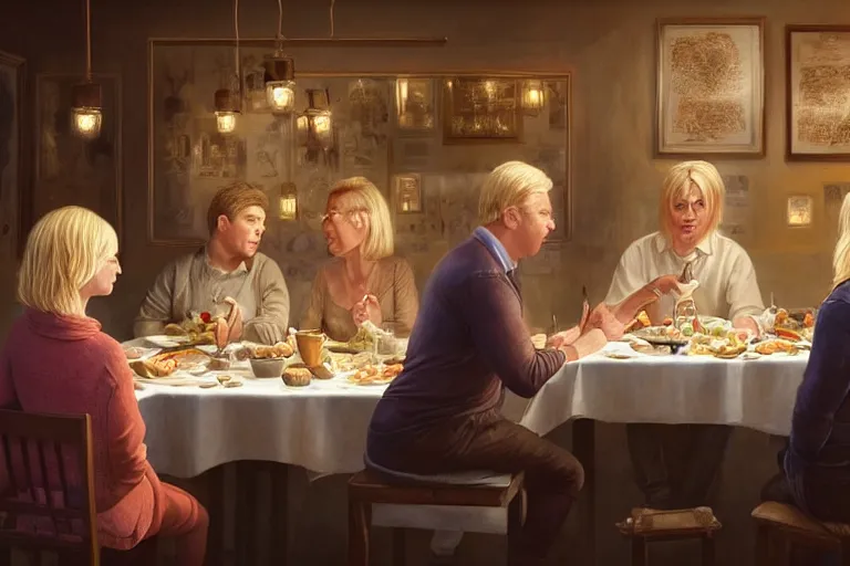 Image similar to portait of michael mcintyre and middle aged blonde woman with short hair and a blonde woman with long hair having dinner at sunday in brooklyn restaurant, anatomy, bathed in light, highly detailed, photorealistic, artstation, smooth, sharp focus, illustration, unreal engine 5, 8 k, art by artgerm and greg rutkowski and edgar maxence