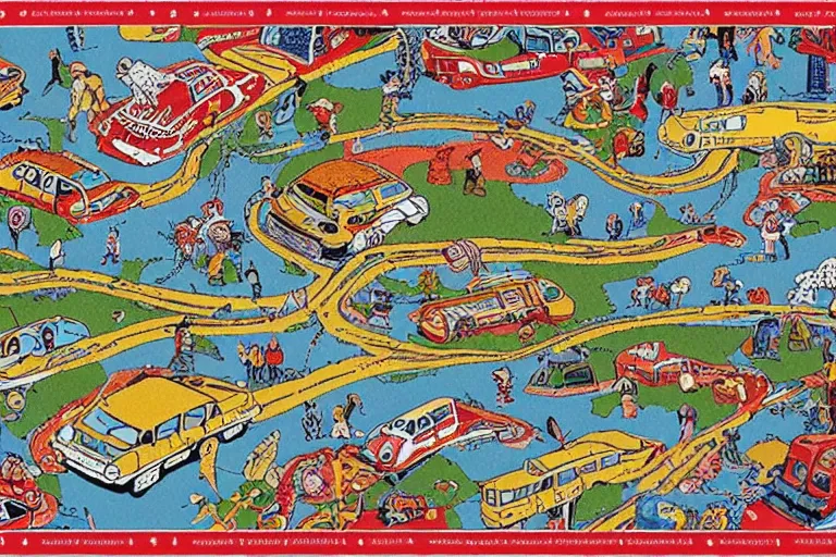 Image similar to an elaborate kids road map carpet rug, detailed, penned illustrations, by wes anderson and geoff darrow!!!!!