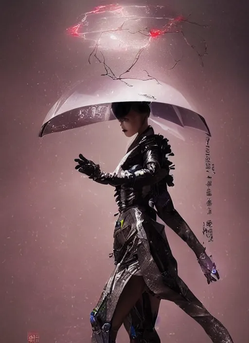 Image similar to portrait of a futuristic geisha cyborg walking in a digital storm with lens flairs, in the style of ghost in the shell, kintsugi, modern fine art, fractal, intricate, elegant, highly detailed, digital photography, subsurface scattering, by erwin olaf and greg rutkowski,