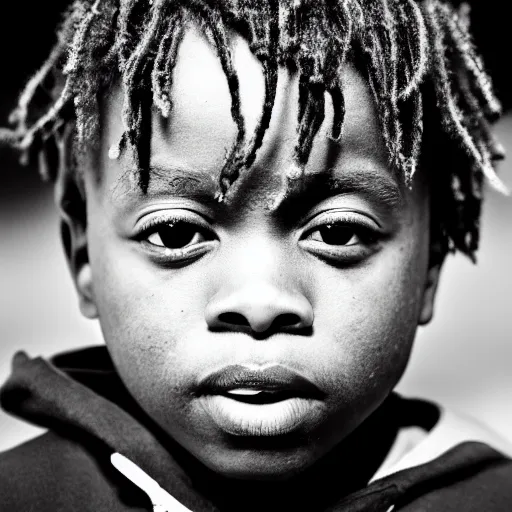 Image similar to the face of young juice wrld at 3 years old, black and white portrait by julia cameron, chiaroscuro lighting, shallow depth of field, 8 0 mm, f 1. 8