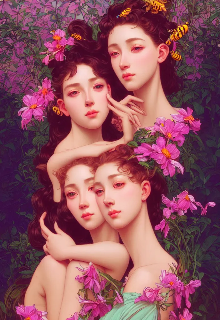 Image similar to young beautiful women, siamese twins, gorgeous face, vaporwave aesthetic, synthwave, colorful, psychedelic, artstation, flowers, bees, full - body, gown, smooth, extremely sharp detail, finely tuned detail, 8 k, unreal engine 5, ultra sharp focus, illustration, art by artgerm and greg rutkowski and alphonse mucha