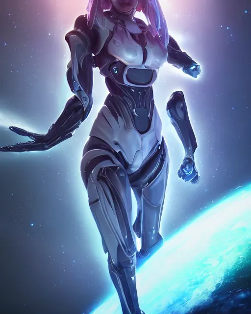 Image similar to perfect android girl on a mothership, warframe armor, beautiful face, scifi, futuristic, galaxy, nebula, raytracing, dreamy, long white hair, blue cyborg eyes, sharp focus, cinematic lighting, highly detailed, artstation, divine, by gauthier leblanc, kazuya takahashi, huifeng huang