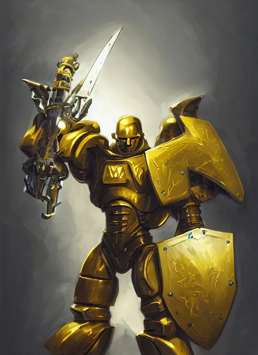 Prompt: dynamic portrait of a mecha warforged character in yellow armor holding a paladin engraved longsword and carrying a big shield, epic , trending on ArtStation, cinematic lighting, by Jesper Ejsing