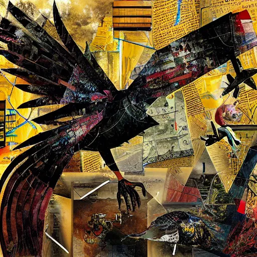 Prompt: a mechanical bird wanders between the virtual realms of urban informatics and computational social science, collage artwork by dave mckean and ivan shishkin and roberto matta