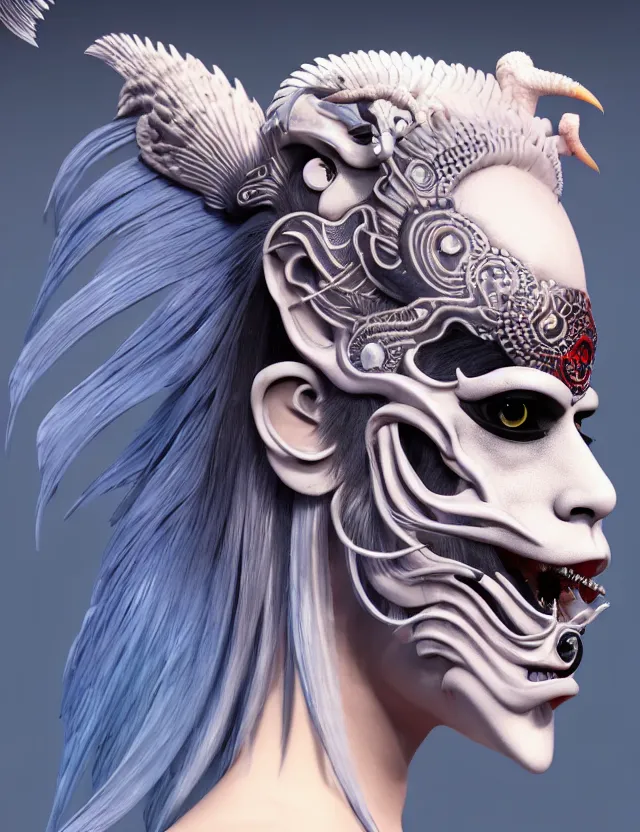 Image similar to 3 d goddess close - up profile portrait punk with mohawk with ram skull. beautiful intricately detailed japanese crow kitsune mask and clasical japanese kimono. betta fish, jellyfish phoenix, bio luminescent, plasma, ice, water, wind, creature, artwork by tooth wu and wlop and beeple and greg rutkowski