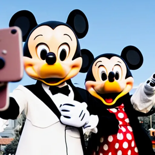 Image similar to walter white and jesse pinkman doing a selfie with mickey mouse, realistic