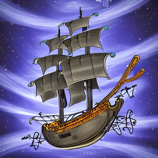 Image similar to pirate ship in space, style of hydro74, flat art, line, symmetric fractal