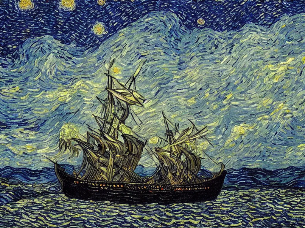 Image similar to oil painting of a viking longship invading new york harbor at night, light scatter, van gogh