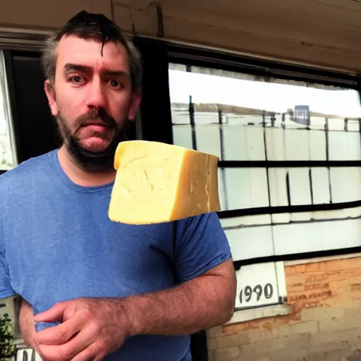 Image similar to photo of a very suspicious man holding cheese