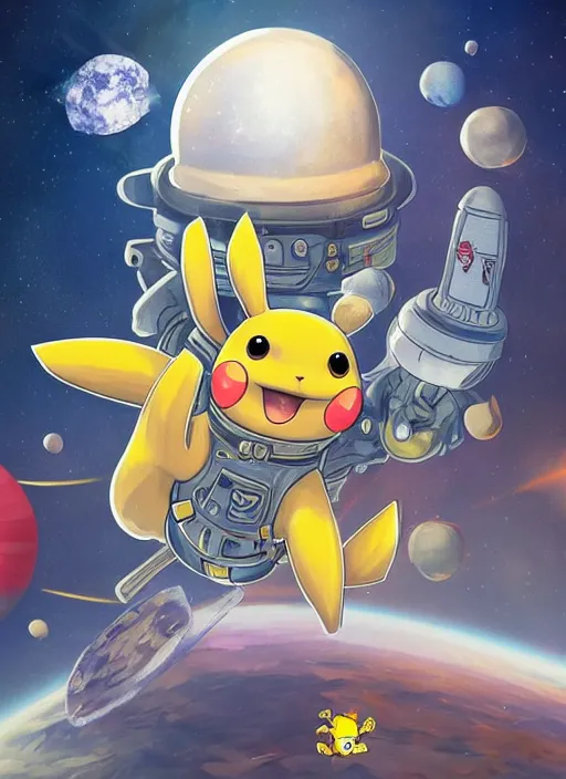 Image similar to high intricate pikachu as an astronaut on space harbor, full shot, maria panfilova, andrea savchenko, mike kime, ludovic plouffe, qi sheng luo, oliver cook, julian calle, eddie mendoza, trending on artstation