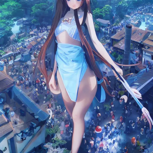 Image similar to seen from above : a giant macro very beautiful young yuuki asuna, full body, long wavy hair, sky blue eyes, full round face, bikini, miniskirt, standing in the middle of a miniature crowd, cinematic wallpaper by stanley artgerm lau