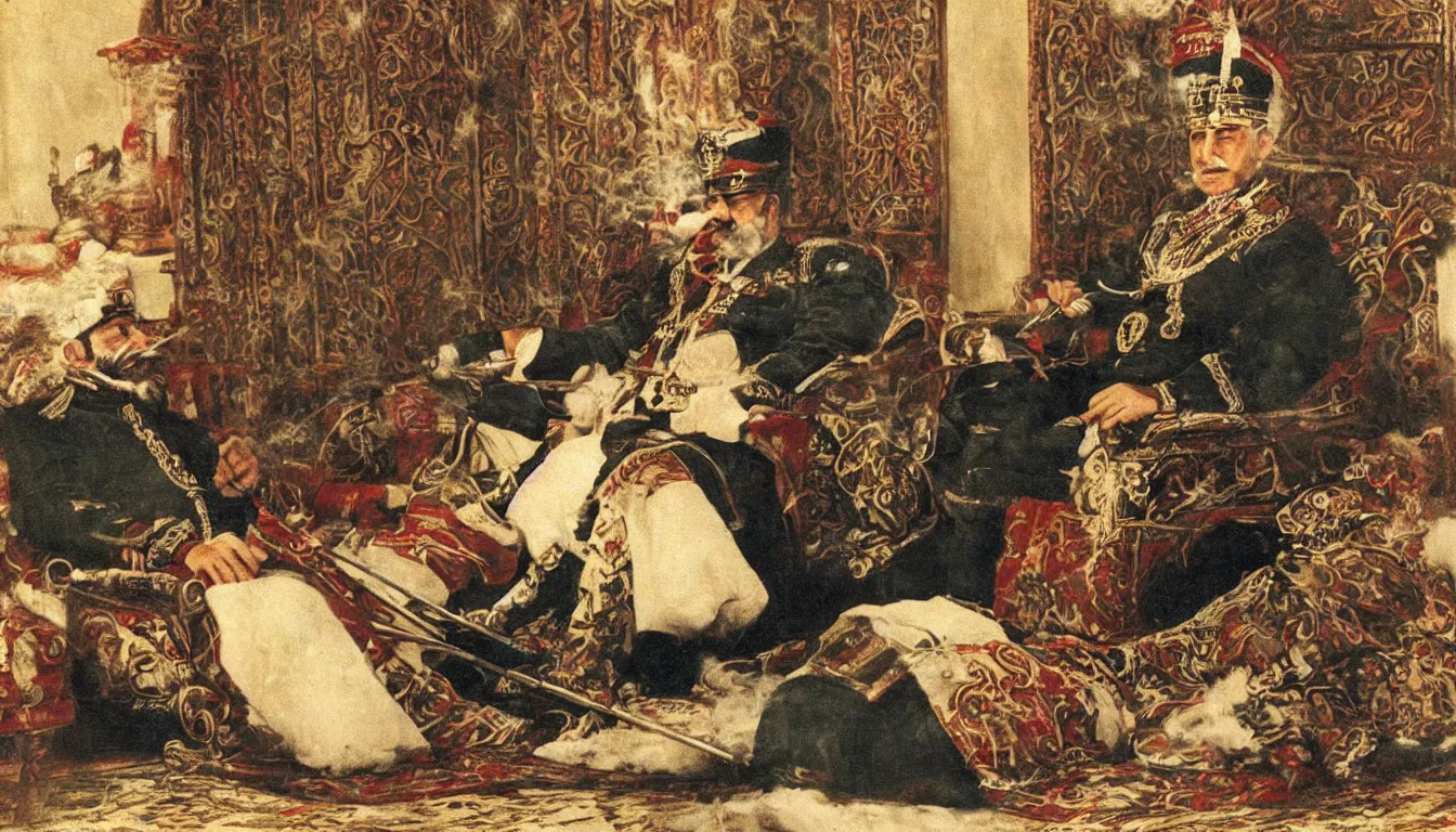 Prompt: turkish emperor smoking a hookah while laying down