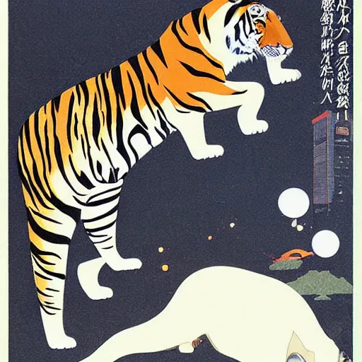 Prompt: a delorean and a tiger, japanese magazine collage, art by hsiao - ron cheng and utagawa kunisada
