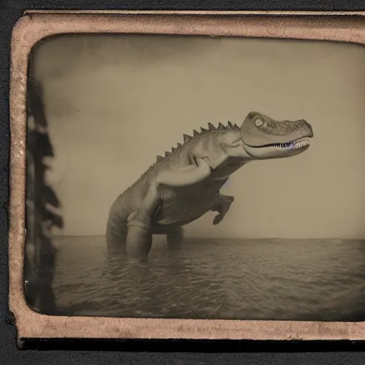 Image similar to tintype photo, underwater, dinosaur swimming