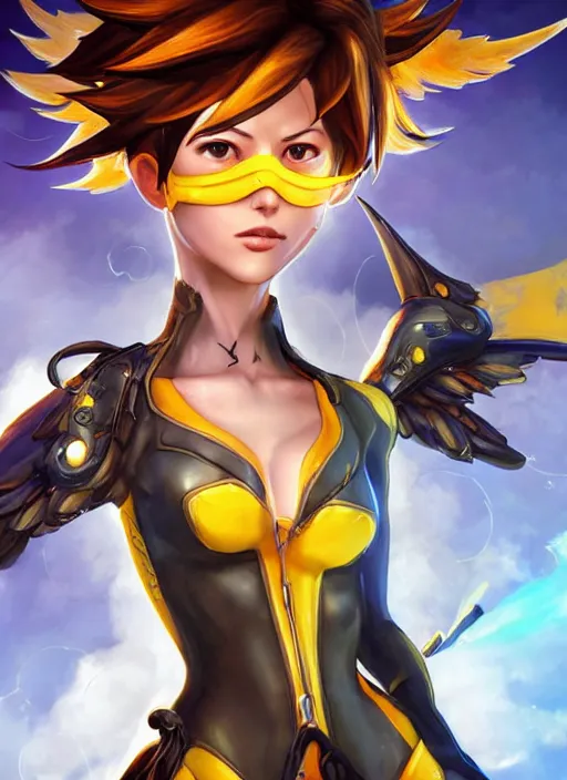 Image similar to full body oil painting of tracer overwatch in the style of mark brooks, angel wings, dramatic painting, symmetrical composition, silky garment, high detail, gold detailed choker, angelic, lights, flowers, heavenly, bright, detailed face,