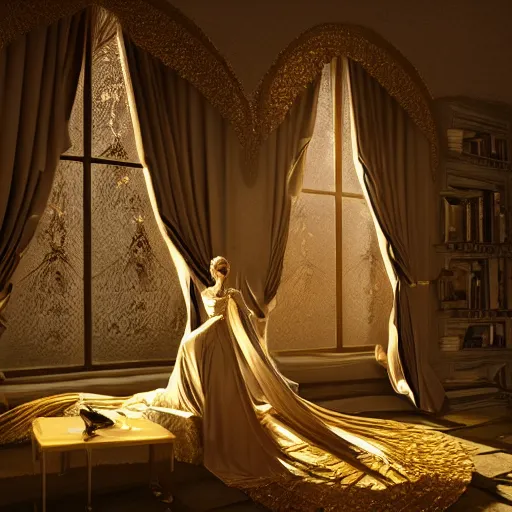 Prompt: an incredibly beautiful and elegant woman covered in intricate gold leaf detail in a gothic hotel room with soft indirect lighting, an ultrafine detailed illustration by victoria frances, final fantasy, cinematic colors, behance contest winner, unreal engine 5 highly rendered, global illumination, radiant light, detailed and intricate environment, matte painting, artstation