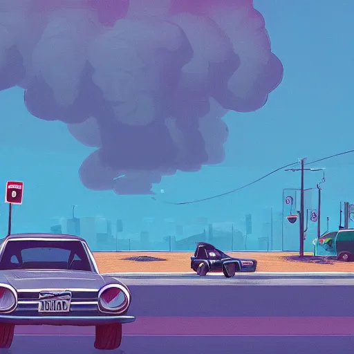 Image similar to car chase in the style of simon stalenhag