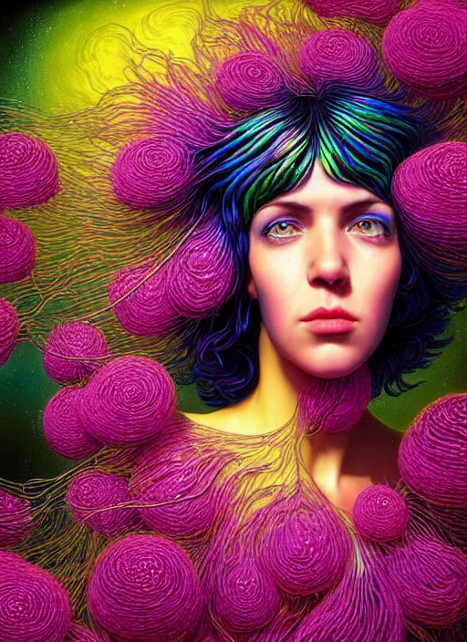 Image similar to hyper detailed 3d render like a Oil painting - Ramona Flowers with wavy black hair wearing thick mascara seen out Eating of the Strangling network of colorful yellowcake and aerochrome and milky Fruit and Her staring intensely delicate Hands hold of gossamer polyp blossoms bring iridescent fungal flowers whose spores black the foolish stars by Jacek Yerka, Mariusz Lewandowski, silly playful fun face, Houdini algorithmic generative render, Abstract brush strokes, Masterpiece, Edward Hopper and James Gilleard, Zdzislaw Beksinski, Mark Ryden, Wolfgang Lettl, Dan Hiller, hints of Yayoi Kasuma, octane render, 8k