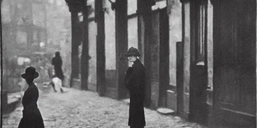 Prompt: a young woman with freckles looks deeply into the camera, 1920's london street, art nouveau, dark streets, grungy, style of Joel Meyerowitz, gustav klimpt, painterly