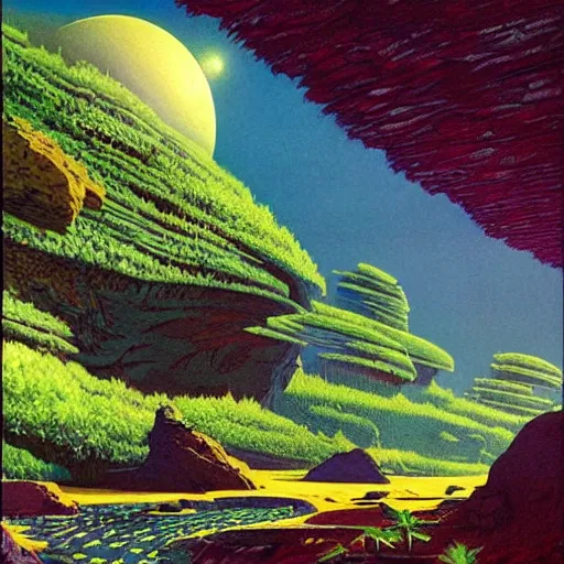 Image similar to beautiful illustration of a lush natural scene on an alien planet by vincent di fate. science fiction. extremely detailed. beautiful landscape. weird vegetation. cliffs and water.