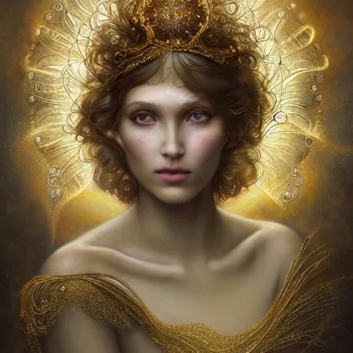 Image similar to Beautiful Delicate Detailed portrait of sun summer woman, With Magical golden eyes by Tom Bagshaw, Bastien Lecouffe Deharme, Erik Johansson, Amanda Sage, Alex Grey, Alphonse Mucha, Harry Clarke, Josephine Wall and Pino Daeni, Delicate winter frozen creature With long golden Hair and Magical Sparkling Eyes, Magic Particles; Magic Swirls, in a out of this world magical summer landscape, 4K; 64 megapixels; 8K resolution concept art; detailed painting; digital illustration; hyperrealism; trending on Artstation; Unreal Engine Photorealistic, lifelike, Unreal Engine, sharp, sharpness, detailed, 8K