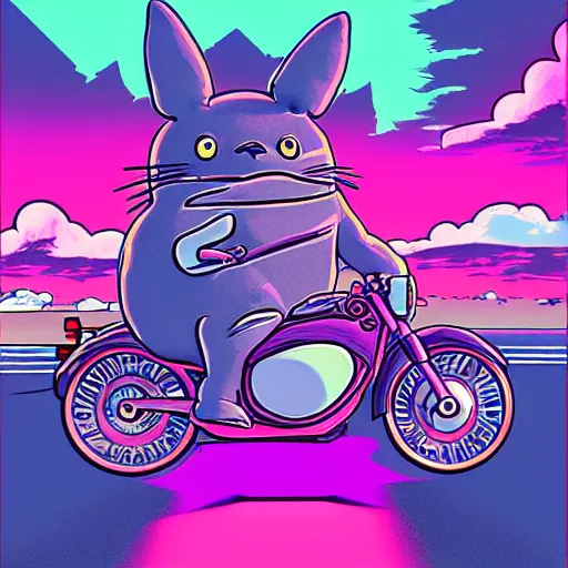 Image similar to totoro riding a motorbike on a synthwave background. Colorful neon artwork