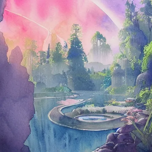 Image similar to Beautiful happy picturesque charming sci-fi town in harmony with nature. Beautiful light. Water and plants. Nice colour scheme, soft warm colour. Beautiful detailed watercolor by Lurid. (2022)