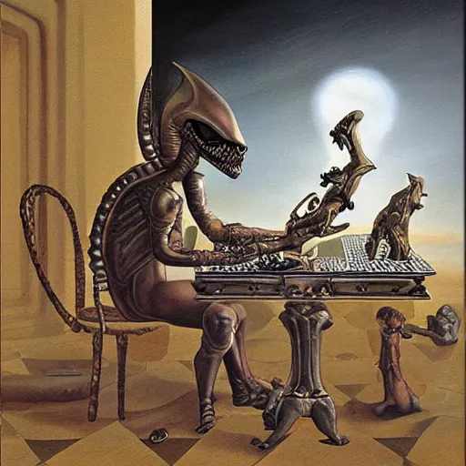 Prompt: alien playing chess looking wise, rococo oil painting, highly detailed