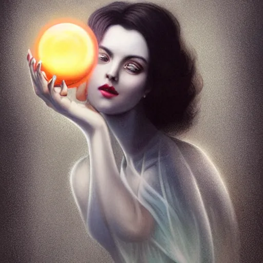 Image similar to the designer of the universe, woman holding a bright ball in her hand, in the style of tom bagshaw