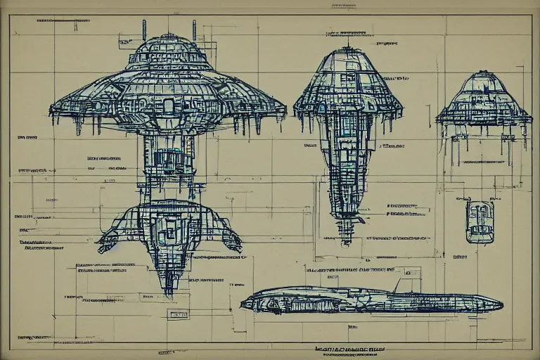 Prompt: alien spaceship blueprint schematics