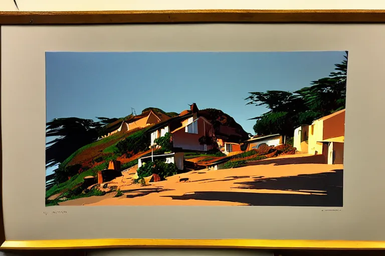 Prompt: a small village on top of a hill near the sea, painted by Syd Mead, Low key lighting, ultra detailed, 8k, fisheye