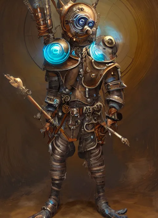 Image similar to blue skinned d & d kobold artificer in steam punk armor painted by raymond swanland