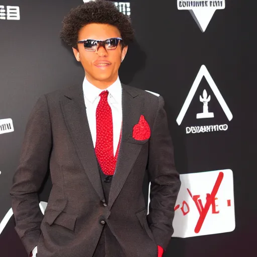 Image similar to fried chicken wearing a suit and tie, dressed for success, red carpet photo