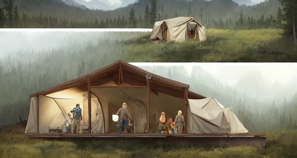 Image similar to cabela's beautiful comfortable modular insulated wall kit - house all weather family dwelling tent house, person in foreground, mountainous forested wilderness open fields, beautiful views, painterly concept art, joanna gaines, environmental concept art, farmhouse, magnolia, concept art illustration, by james gurney, by craig mullins, by greg rutkowski trending on artstation