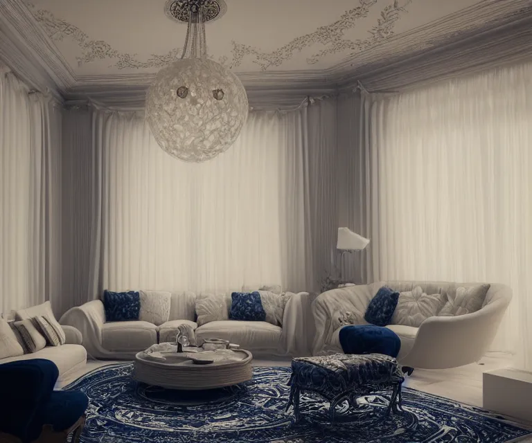 Image similar to 2 0 2 0 s living room by charlie bowater and anna dittmann and artgerm and clemens ascher, intricate, elegant, beige and white and navy blue, highly detailed, dramatic lighting, sharp focus, octane render, trending on artstation, artstationhd, artstationhq, unreal engine, 4 k, 8 k