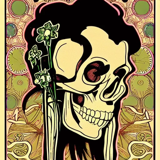 Image similar to ape portrait skull skeleton dreaming in the style of Alphonse Mucha illustration pop art