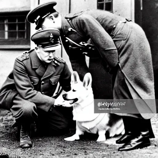 Prompt: ultra wide 1 9 4 6 historical photo of a single german general kneeling to pet a corgi, a young queen elizabeth watches him, french village exterior, highly detailed, sharp focus