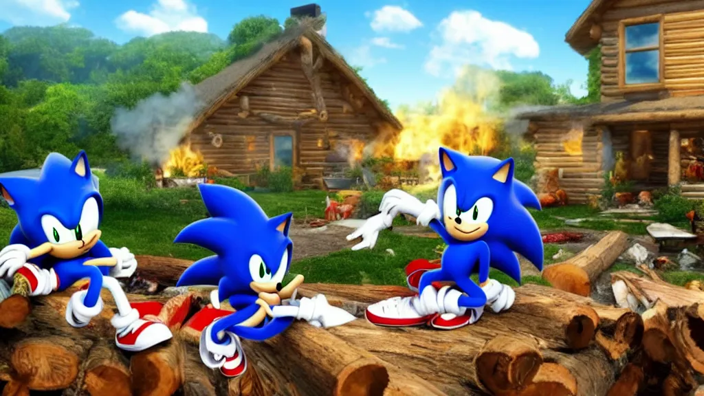 Image similar to A wholesome lively desktop background involving Sonic and his friends in a log cabin, surrounding a fire, sitting on a rug, talking and laughing, 4k, 8k, unrealengine, beautiful, amazing.