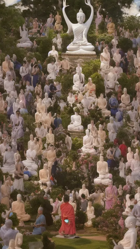 Image similar to a huge buddhism rabbit statuea between crowd of people prayers in botanical room by john singer sargent