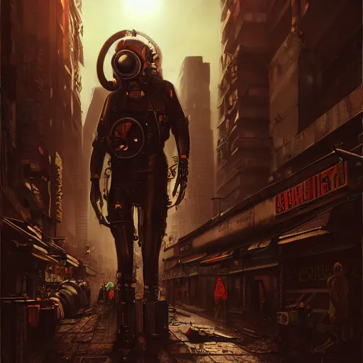 Image similar to Guy in a Gasmask, Cyberpunk city, street vendors, citizens, augmented cyborgs, robots, skyscapers, buildings, clouds, sunset, painted by seb mckinnon, high detail, digital art, trending on artstation