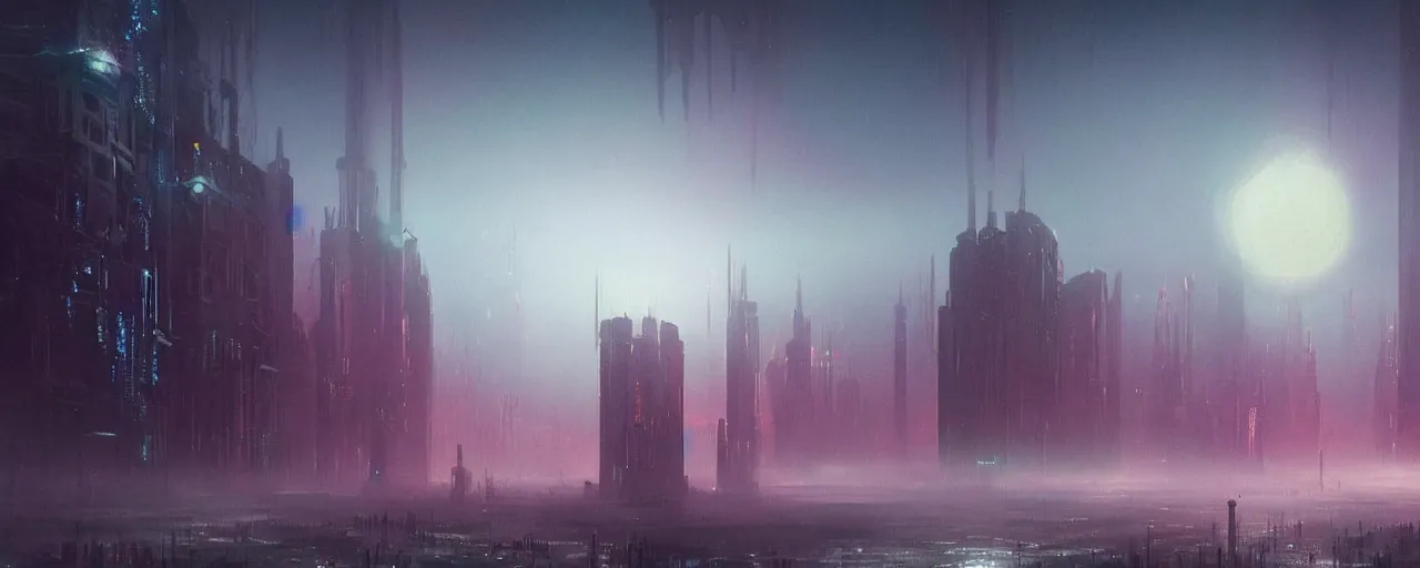 Prompt: ” outer planet with thick fog and distant skyscrapers, [ cinematic, detailed, epic, widescreen, opening, establishing, mattepainting, photorealistic, realistic textures, octane render, art by paul lehr ] ”