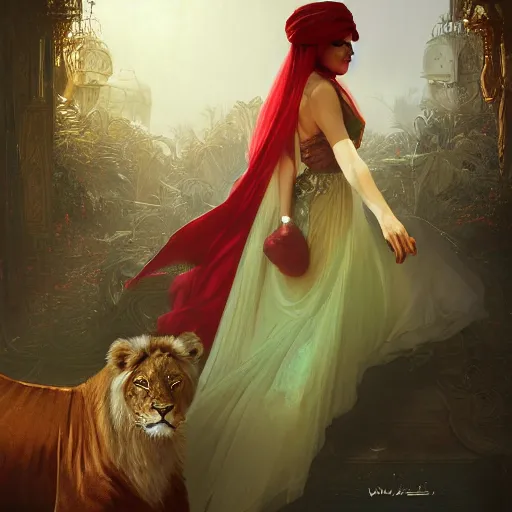 Image similar to a Photorealistic dramatic hyperrealistic render of an arab ameera al taweel, tan skin, green eyes, red hair, white veil, with a pet lion by WLOP,Artgerm,Greg Rutkowski,Alphonse Mucha, Beautiful dynamic dramatic dark moody lighting,shadows,cinematic atmosphere,Artstation,concept design art,Octane render,8K